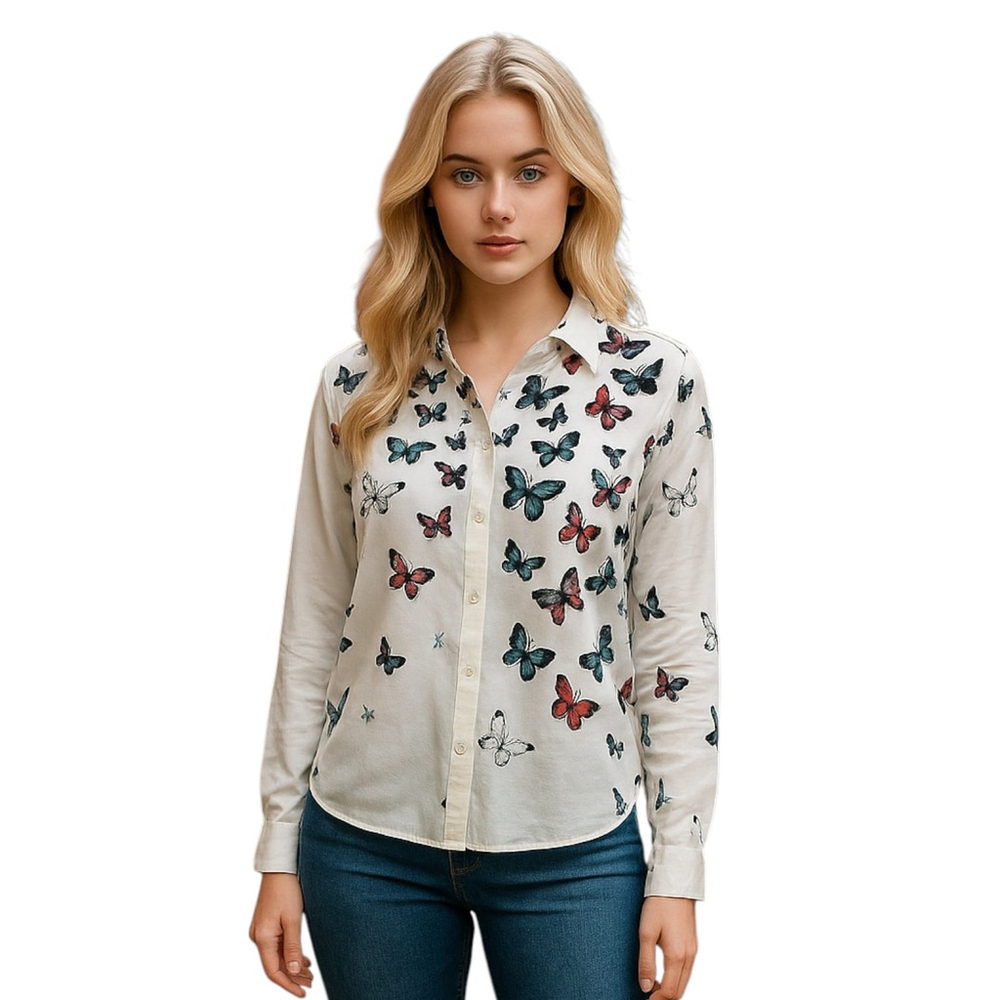 Bershka Button Up Shirt Womens M White Butterfly Long Sleeve Whimsical Preppy